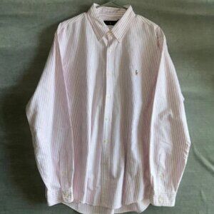 Ralph Lauren XXL Pink‎ White Stripe Oxford Shirt 100% Cotton Flesh Pony Logo
